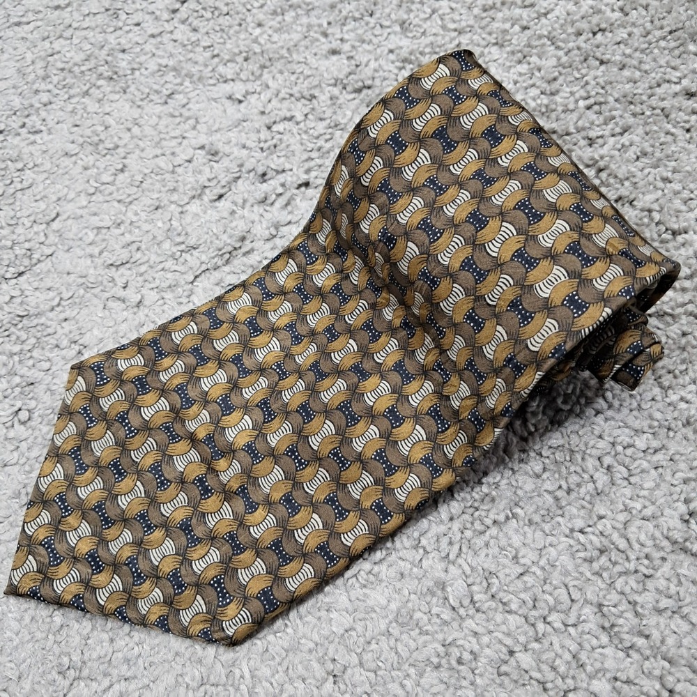 Mosa Mens Silk Necktie Gold Brown Navy Blue Geometric Pattern RN 89399 Hand Made